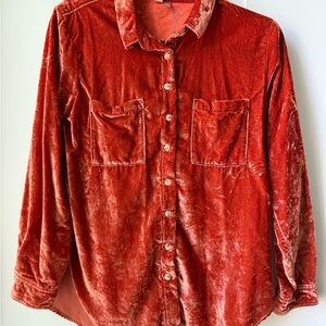 Pilcro Velvet Button-Down Shirt Jacket in Rust Red